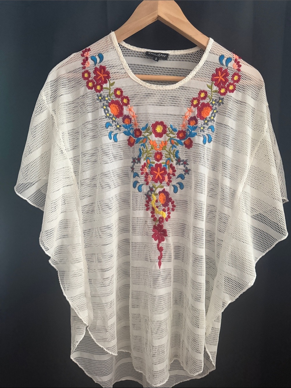 White Embroidered Mesh Poncho Tunic with Multicolor Floral Detail